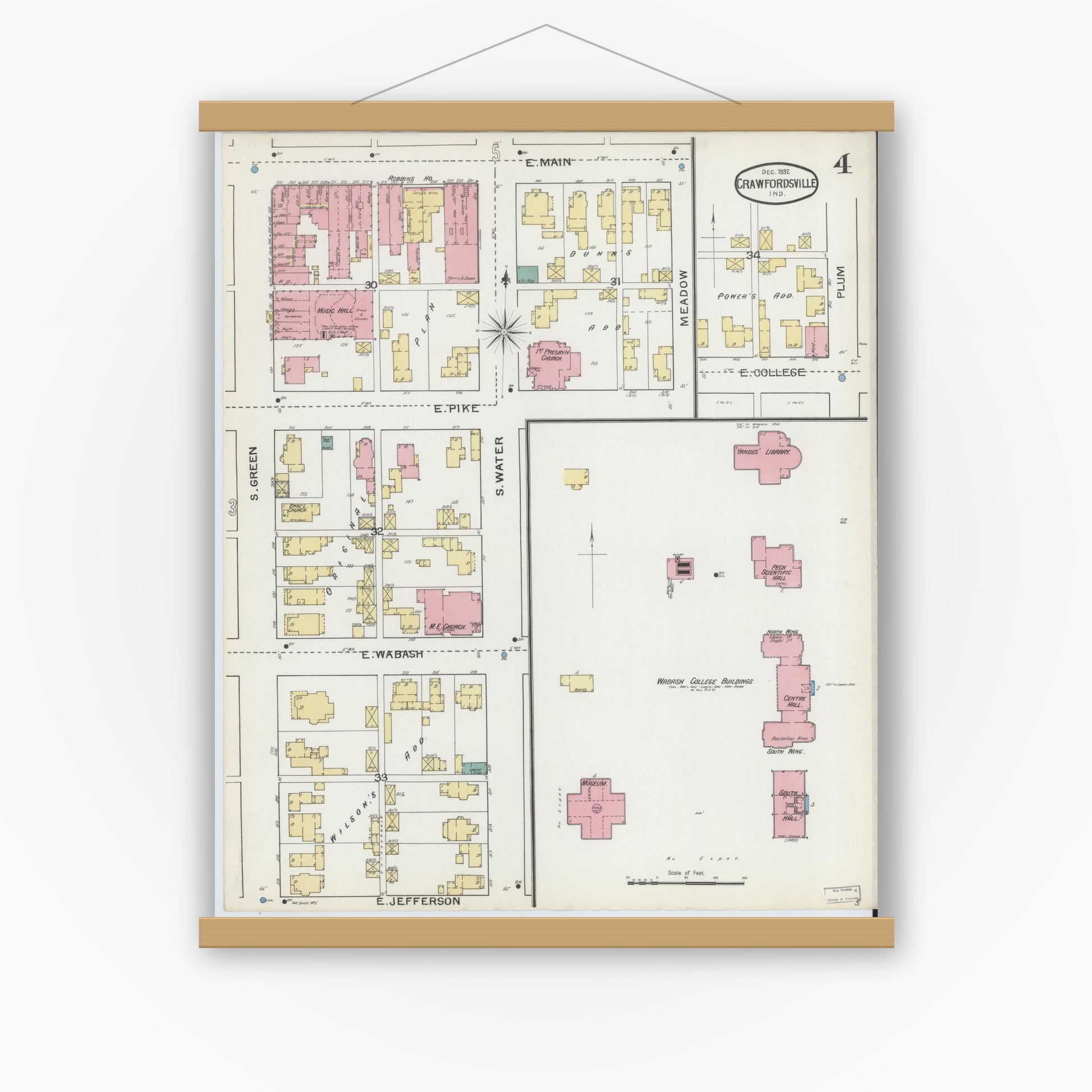 Old map wall art mockup — magnetic wood frame on white wall — Sanborn Fire Insurance Map from Crawfordsville, Montgomery County, Indiana (1887), Sheet #0004