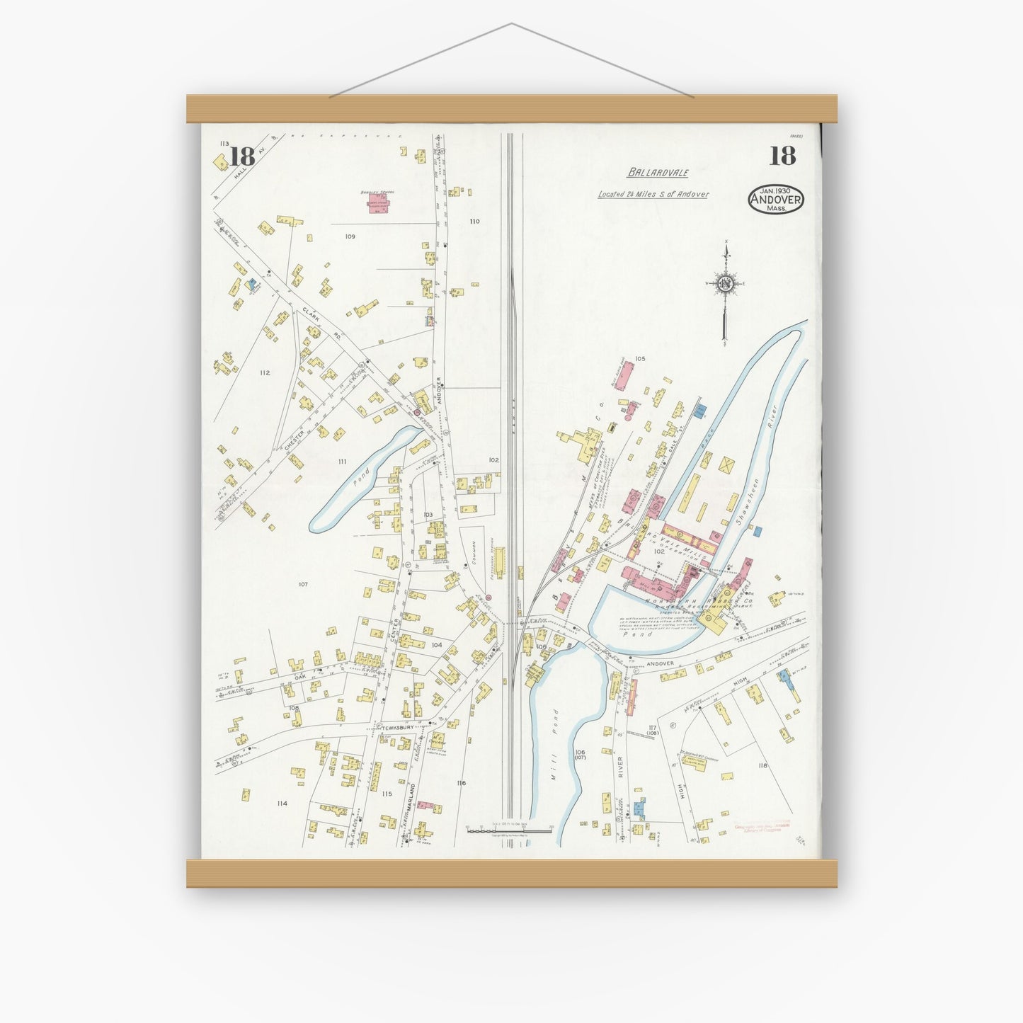 Old map wall art mockup — magnetic wood frame on white wall — Sanborn Fire Insurance Map from Andover, Essex County, Massachusetts (1930), Sheet #0018