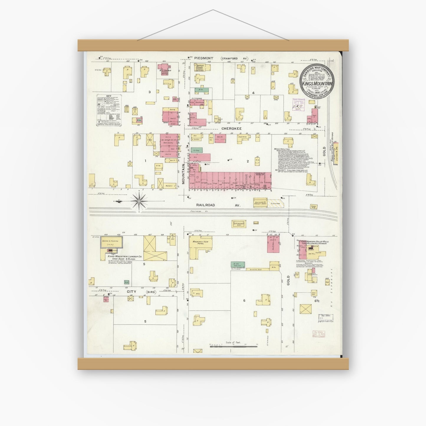 Old map wall art mockup — magnetic wood frame on white wall — Sanborn Fire Insurance Map from Kings Mountain, Cleveland County, North Carolina (1908), Sheet #0001