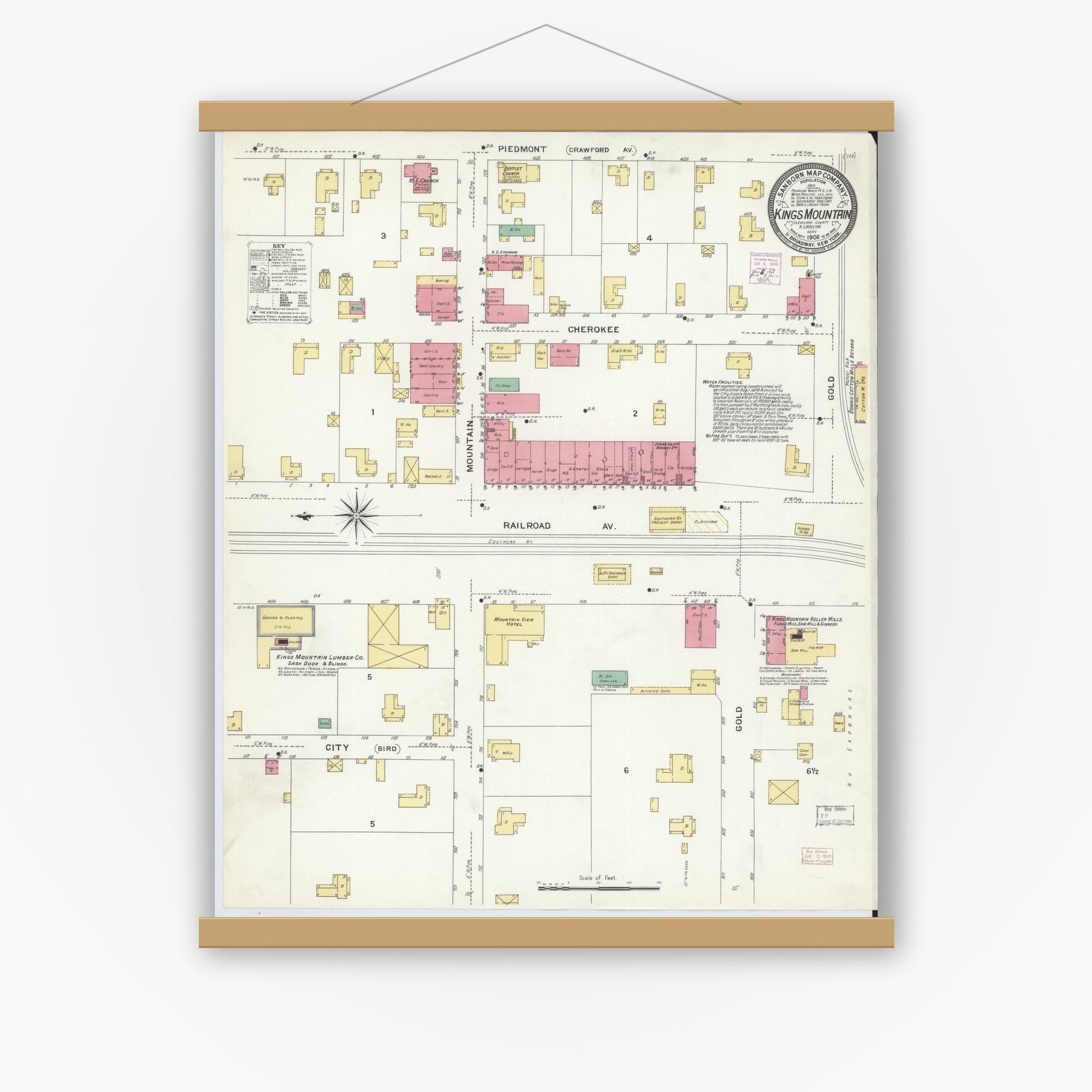 Old map wall art mockup — magnetic wood frame on white wall — Sanborn Fire Insurance Map from Kings Mountain, Cleveland County, North Carolina (1908), Sheet #0001