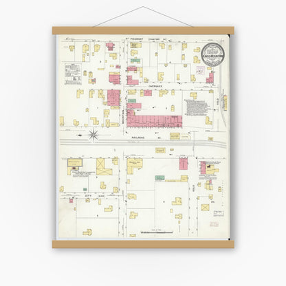 Old map wall art mockup — magnetic wood frame on white wall — Sanborn Fire Insurance Map from Kings Mountain, Cleveland County, North Carolina (1908), Sheet #0001