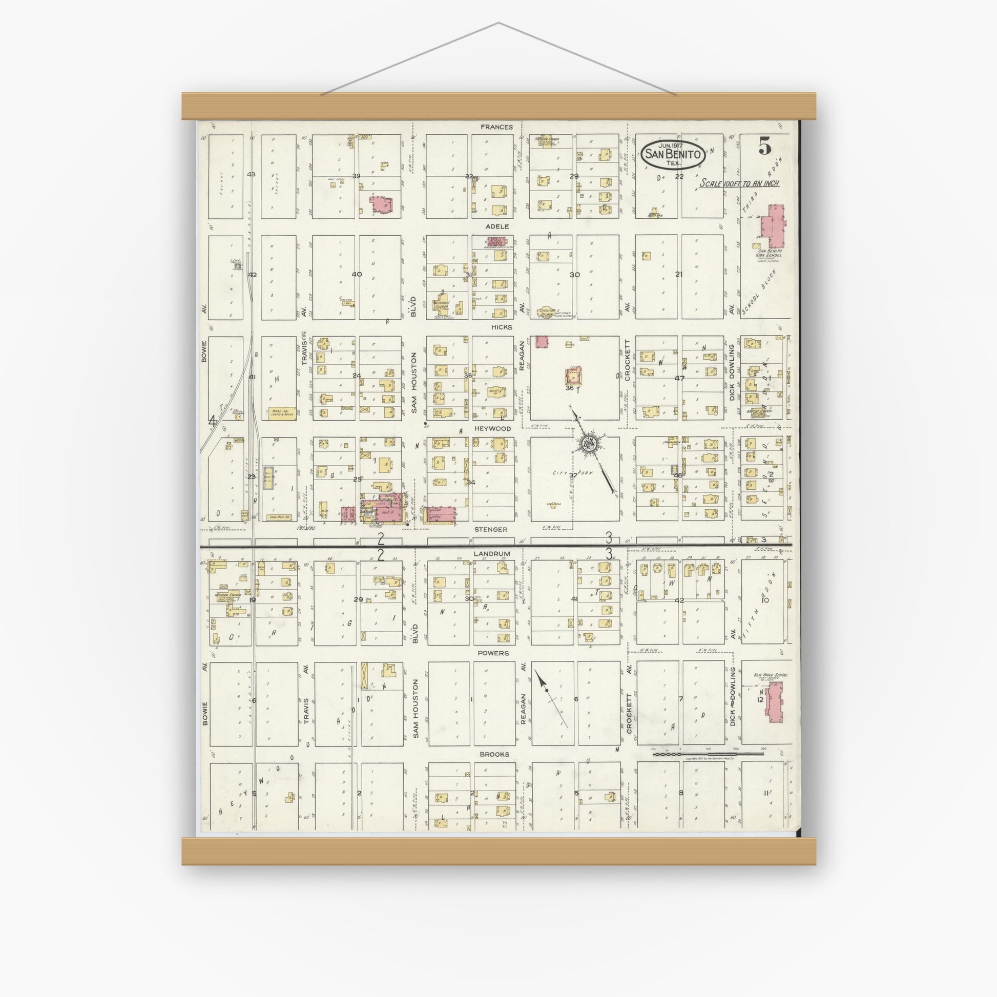 Old map wall art mockup — magnetic wood frame on white wall — Sanborn Fire Insurance Map from San Benito, Cameron County, Texas (1917), Sheet #0005