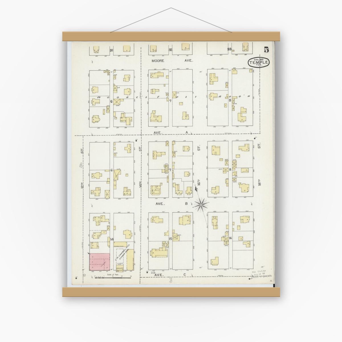Old map wall art mockup — magnetic wood frame on white wall — Sanborn Fire Insurance Map from Temple, Bell County, Texas (1893), Sheet #0005