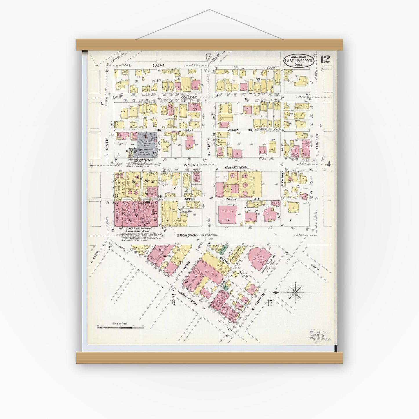 Old map wall art mockup — magnetic wood frame on white wall — Sanborn Fire Insurance Map from East Liverpool, Columbiana County, Ohio (1908), Sheet #0012