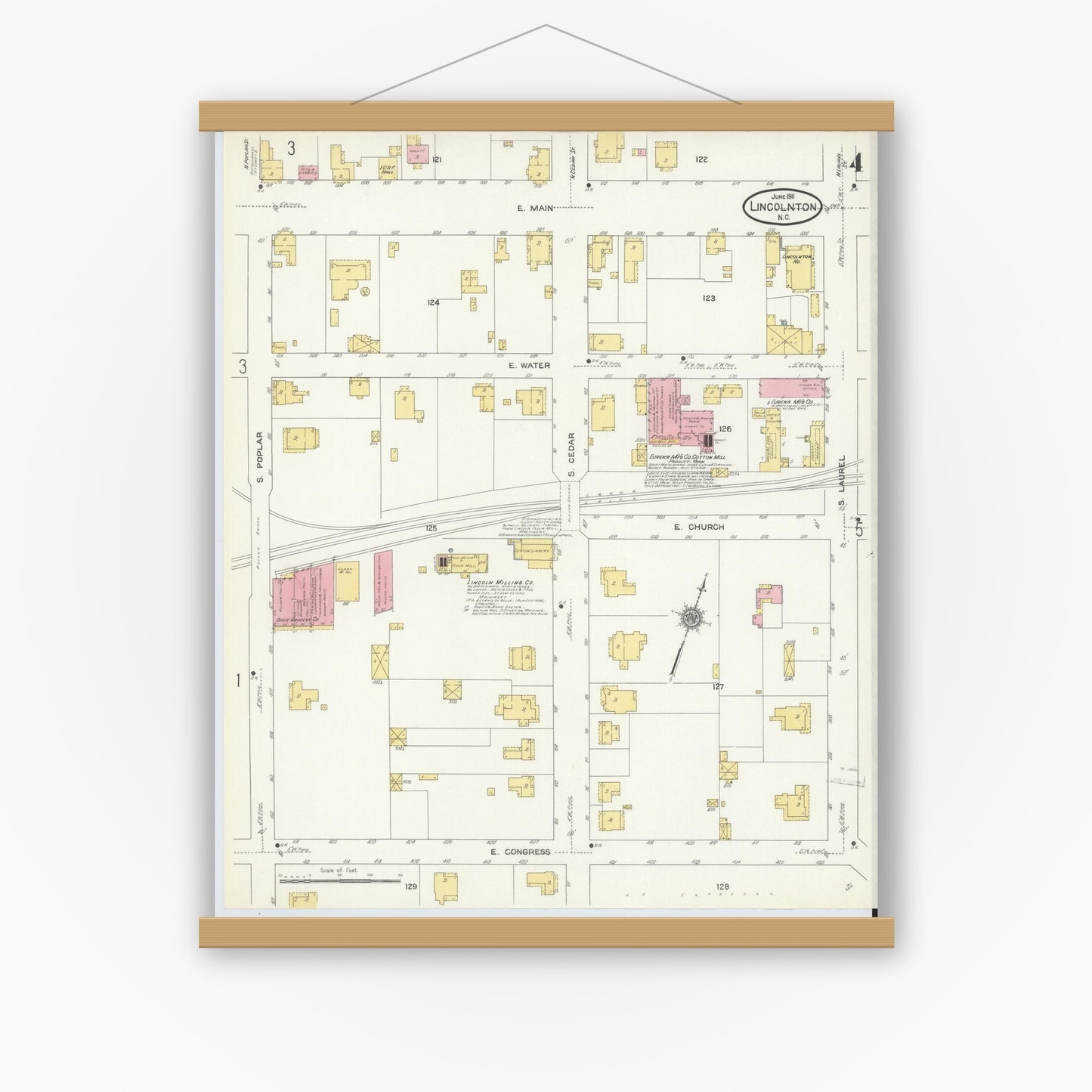 Old map wall art mockup — magnetic wood frame on white wall — Sanborn Fire Insurance Map from Lincolnton, Lincoln County, North Carolina (1911), Sheet #0004