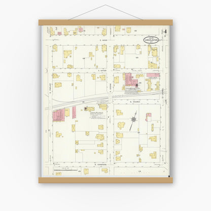 Old map wall art mockup — magnetic wood frame on white wall — Sanborn Fire Insurance Map from Lincolnton, Lincoln County, North Carolina (1911), Sheet #0004