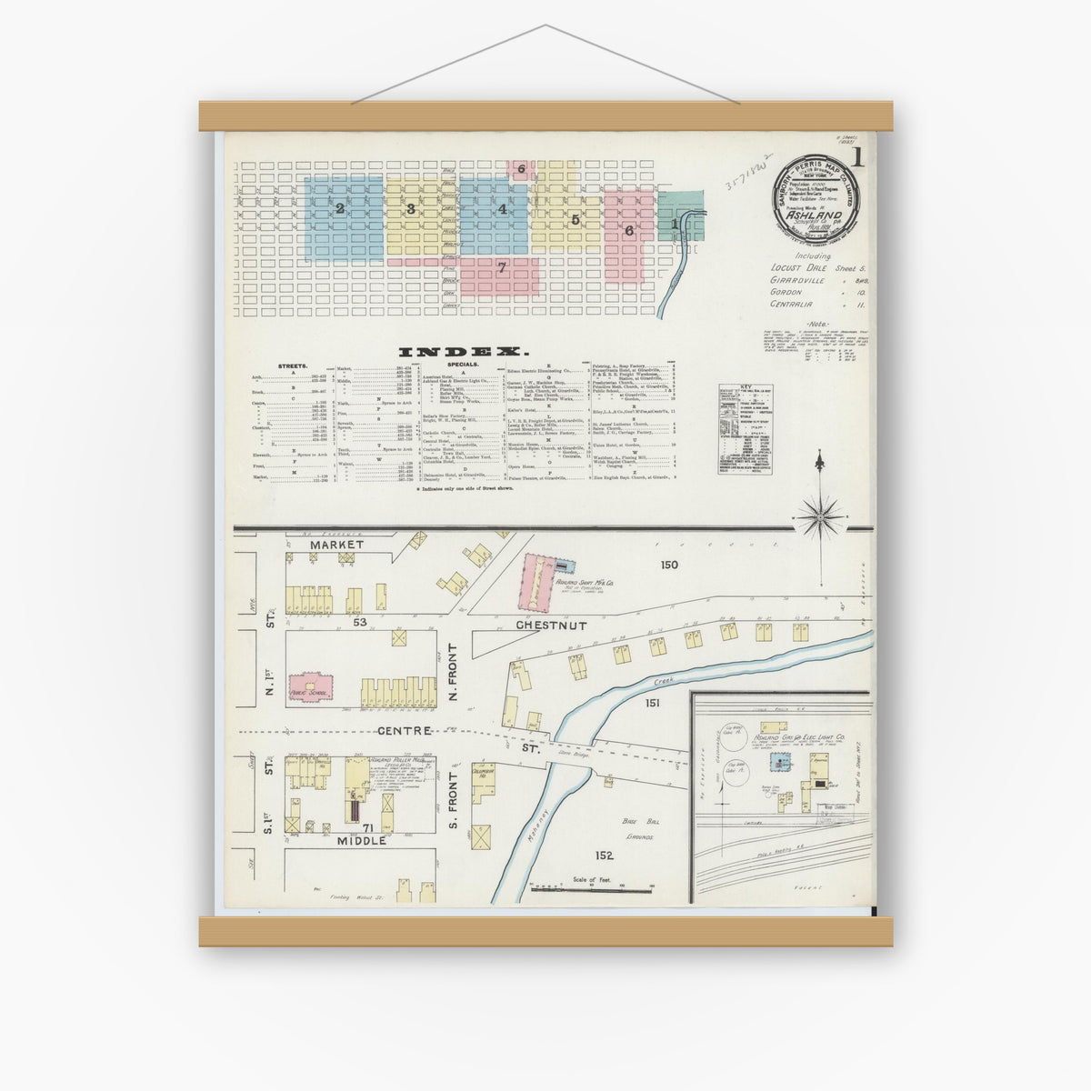 Old map wall art mockup — magnetic wood frame on white wall — Sanborn Fire Insurance Map from Ashland, Schuylkill County, Pennsylvania (1891), Sheet #0001