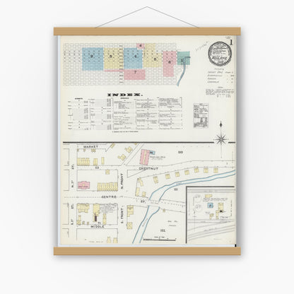 Old map wall art mockup — magnetic wood frame on white wall — Sanborn Fire Insurance Map from Ashland, Schuylkill County, Pennsylvania (1891), Sheet #0001