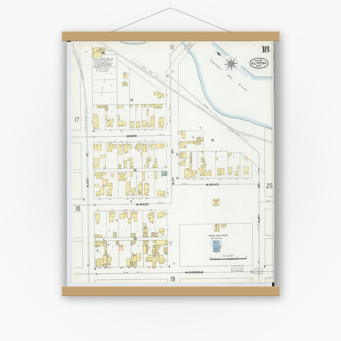 Old map wall art mockup — magnetic wood frame on white wall — Sanborn Fire Insurance Map from Alpena, Alpena County, Michigan (1901), Sheet #0018