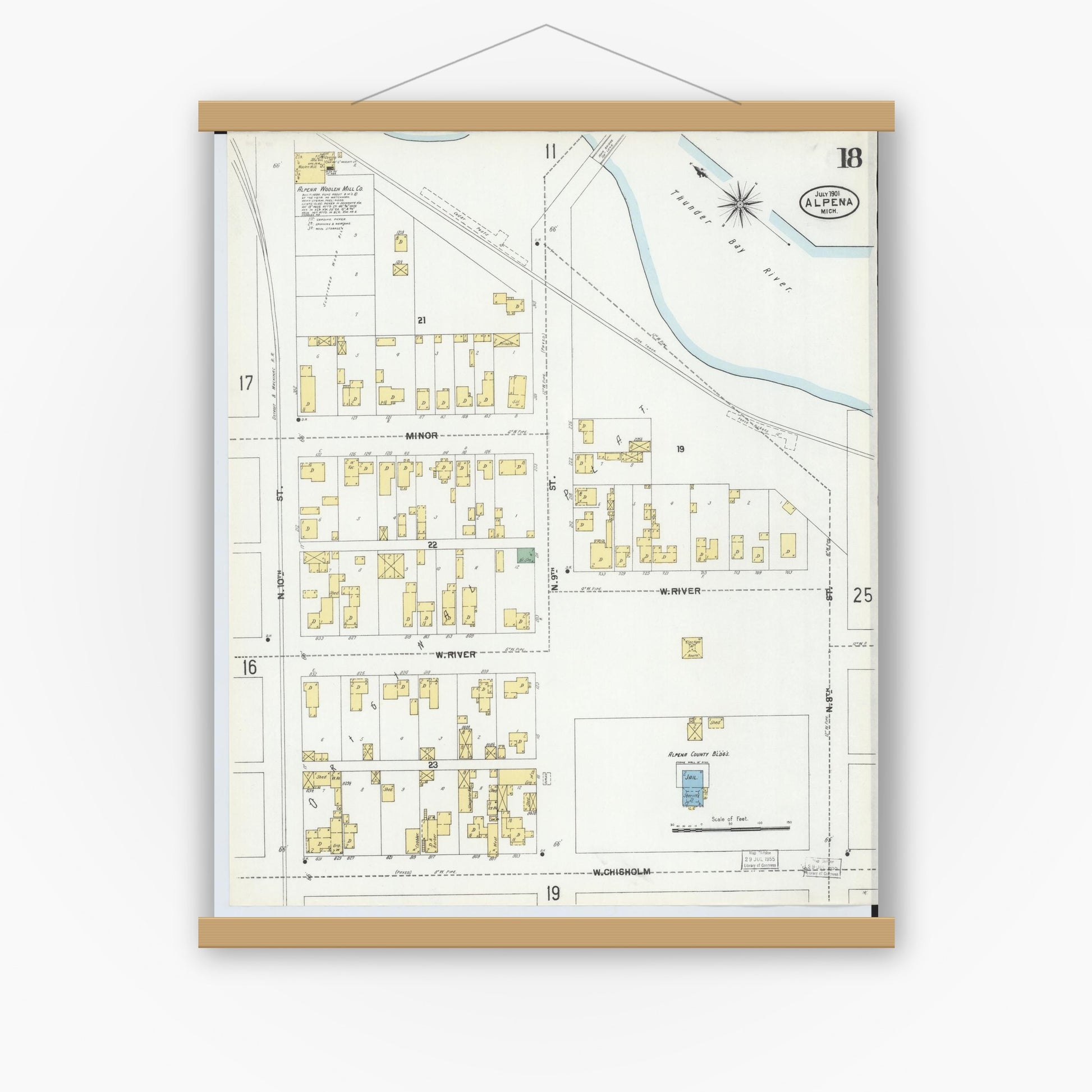Old map wall art mockup — magnetic wood frame on white wall — Sanborn Fire Insurance Map from Alpena, Alpena County, Michigan (1901), Sheet #0018