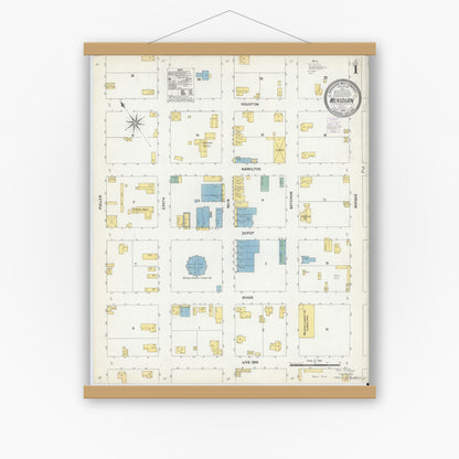 Old map wall art mockup — magnetic wood frame on white wall — Sanborn Fire Insurance Map from Meridian, Bosque County, Texas (1903) - Complete Map Set