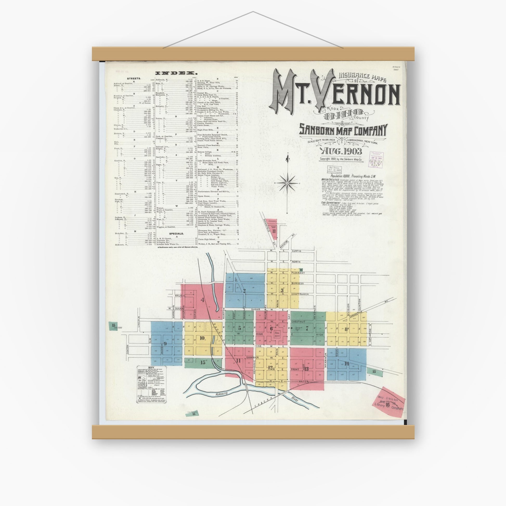 Old map wall art mockup — magnetic wood frame on white wall — Sanborn Fire Insurance Map from Mount Vernon, Knox County, Ohio (1903) - Complete Map Set