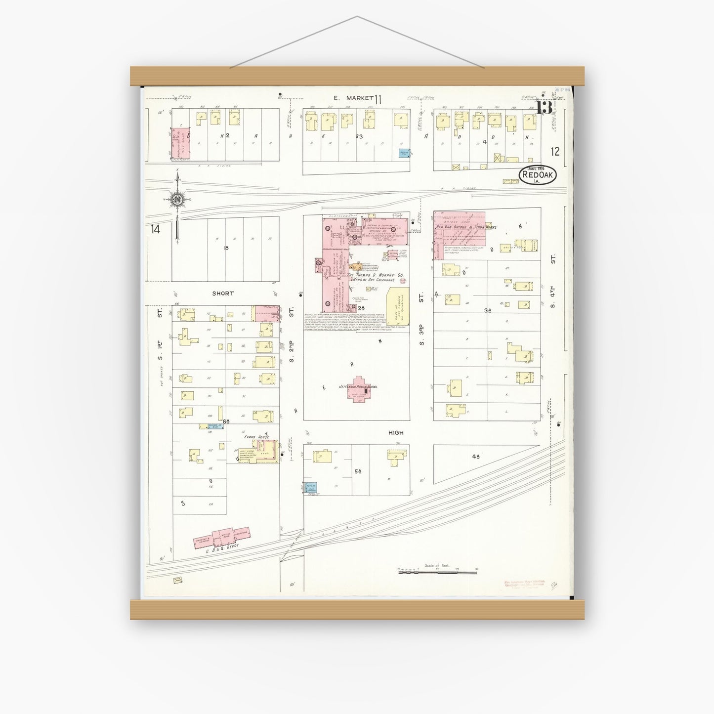 Old map wall art mockup — magnetic wood frame on white wall — Sanborn Fire Insurance Map from Red Oak, Montgomery County, Iowa (1914), Sheet #0013