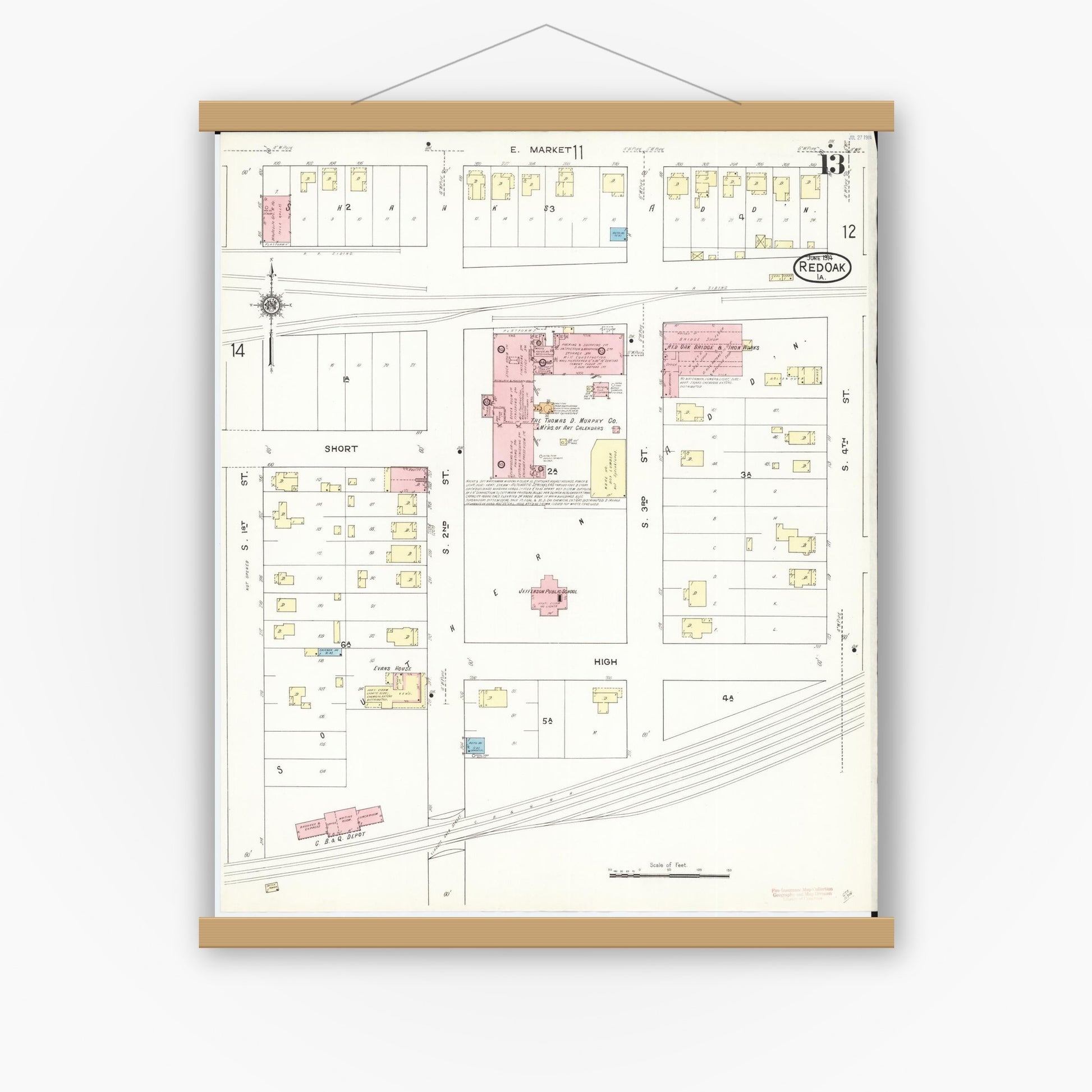 Old map wall art mockup — magnetic wood frame on white wall — Sanborn Fire Insurance Map from Red Oak, Montgomery County, Iowa (1914), Sheet #0013