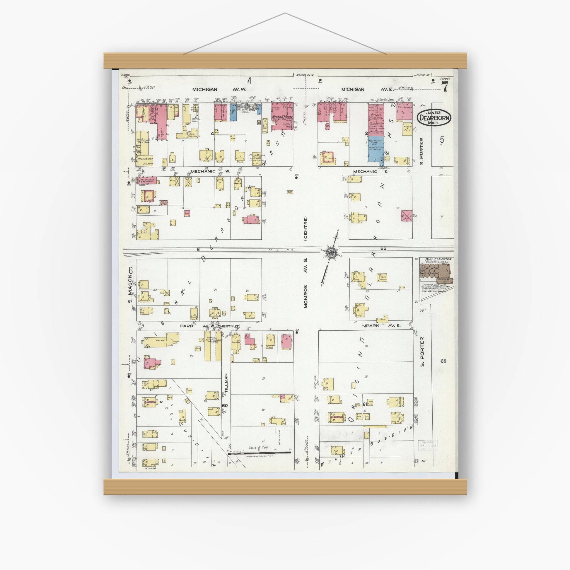 Old map wall art mockup — magnetic wood frame on white wall — Sanborn Fire Insurance Map from Dearborn, Wayne County, Michigan (1921), Sheet #0007