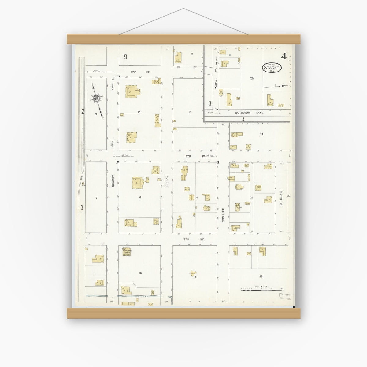 Old map wall art mockup — magnetic wood frame on white wall — Sanborn Fire Insurance Map from Starke, Bradford County, Florida (1912), Sheet #0004