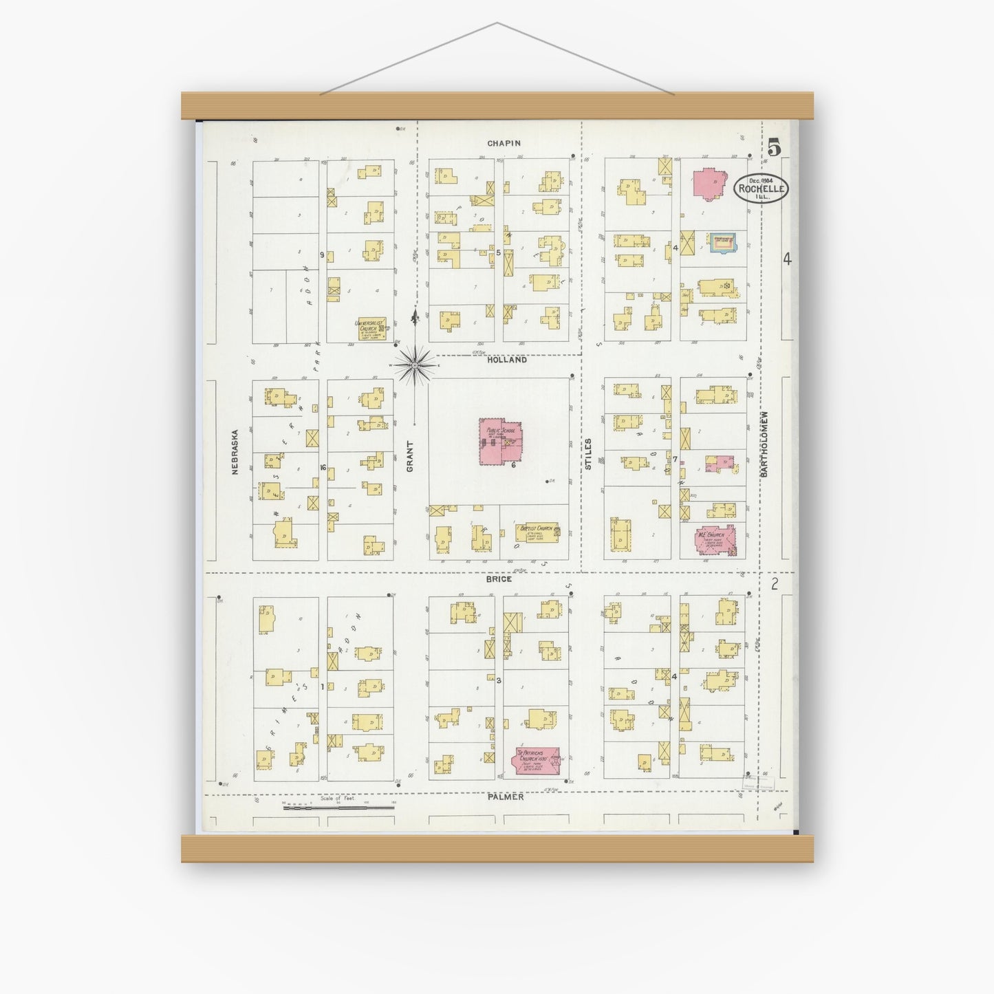 Old map wall art mockup — magnetic wood frame on white wall — Sanborn Fire Insurance Map from Rochelle, Ogle County, Illinois (1904), Sheet #0005