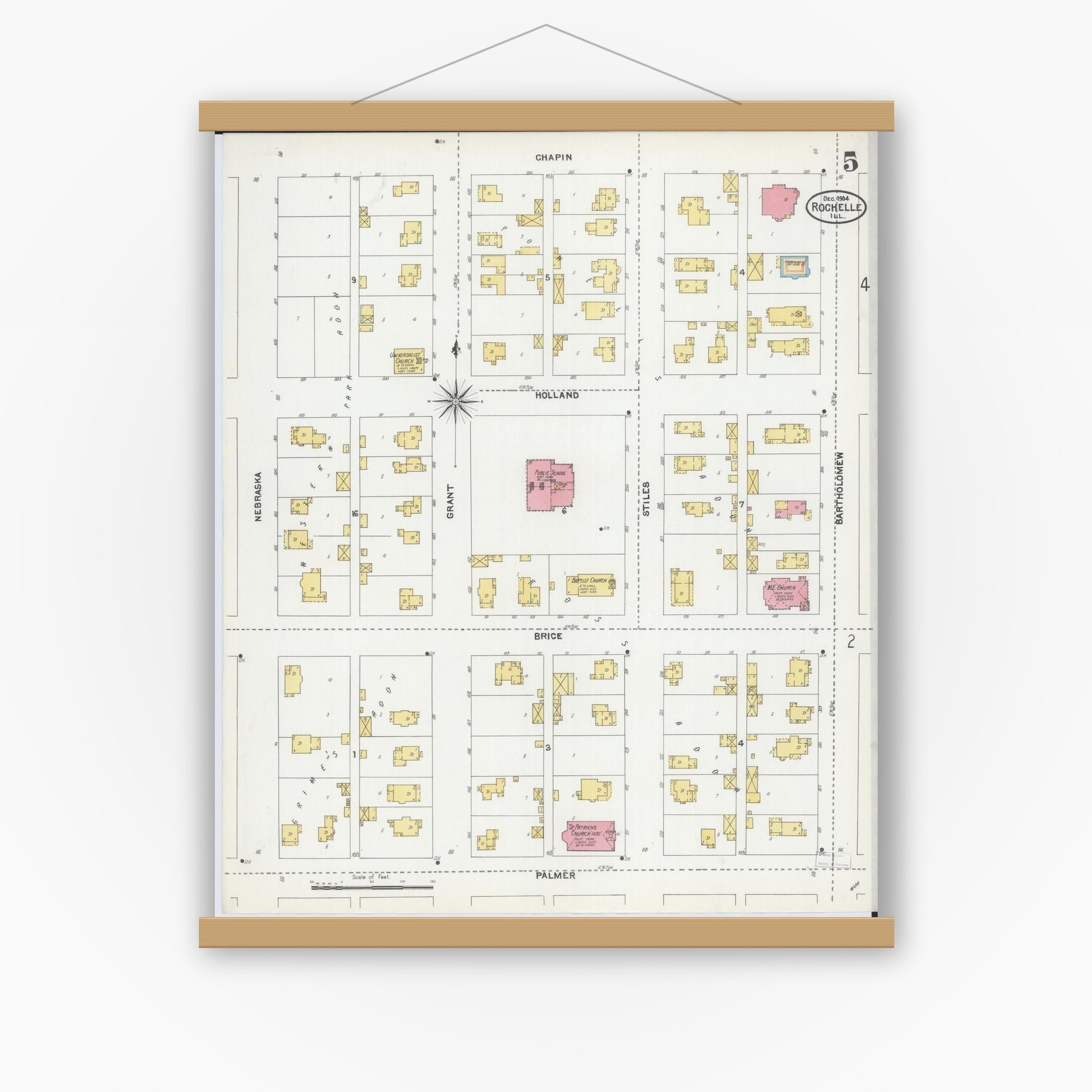 Old map wall art mockup — magnetic wood frame on white wall — Sanborn Fire Insurance Map from Rochelle, Ogle County, Illinois (1904), Sheet #0005