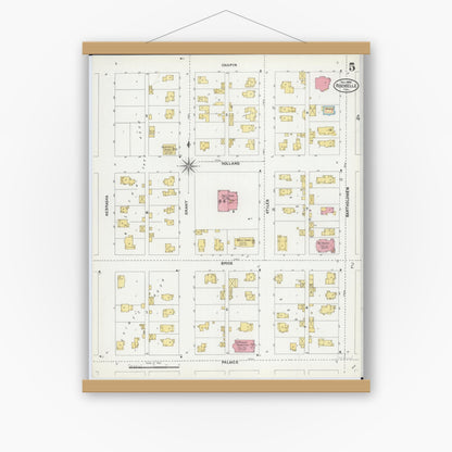 Old map wall art mockup — magnetic wood frame on white wall — Sanborn Fire Insurance Map from Rochelle, Ogle County, Illinois (1904), Sheet #0005
