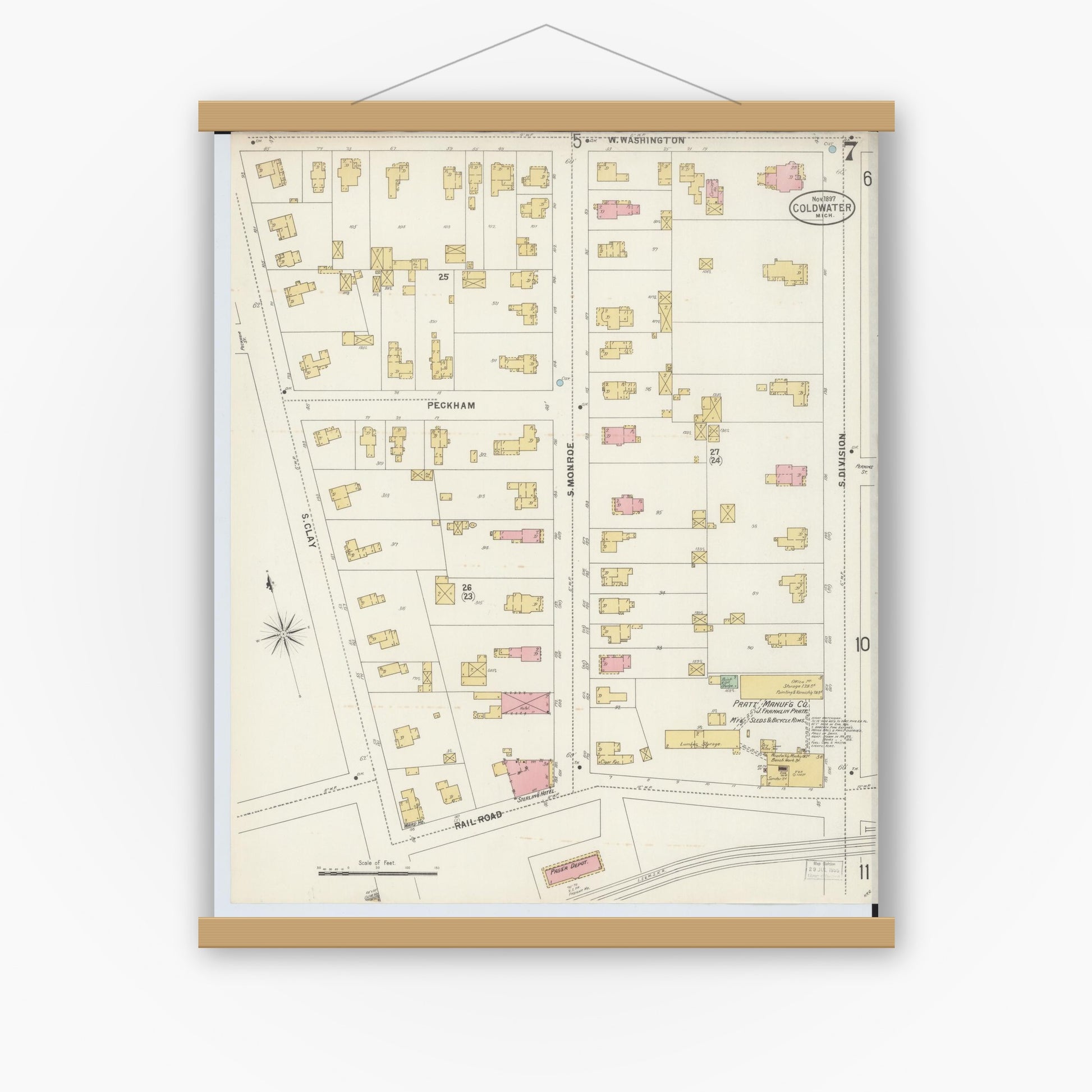 Old map wall art mockup — magnetic wood frame on white wall — Sanborn Fire Insurance Map from Coldwater, Branch County, Michigan (1897), Sheet #0007