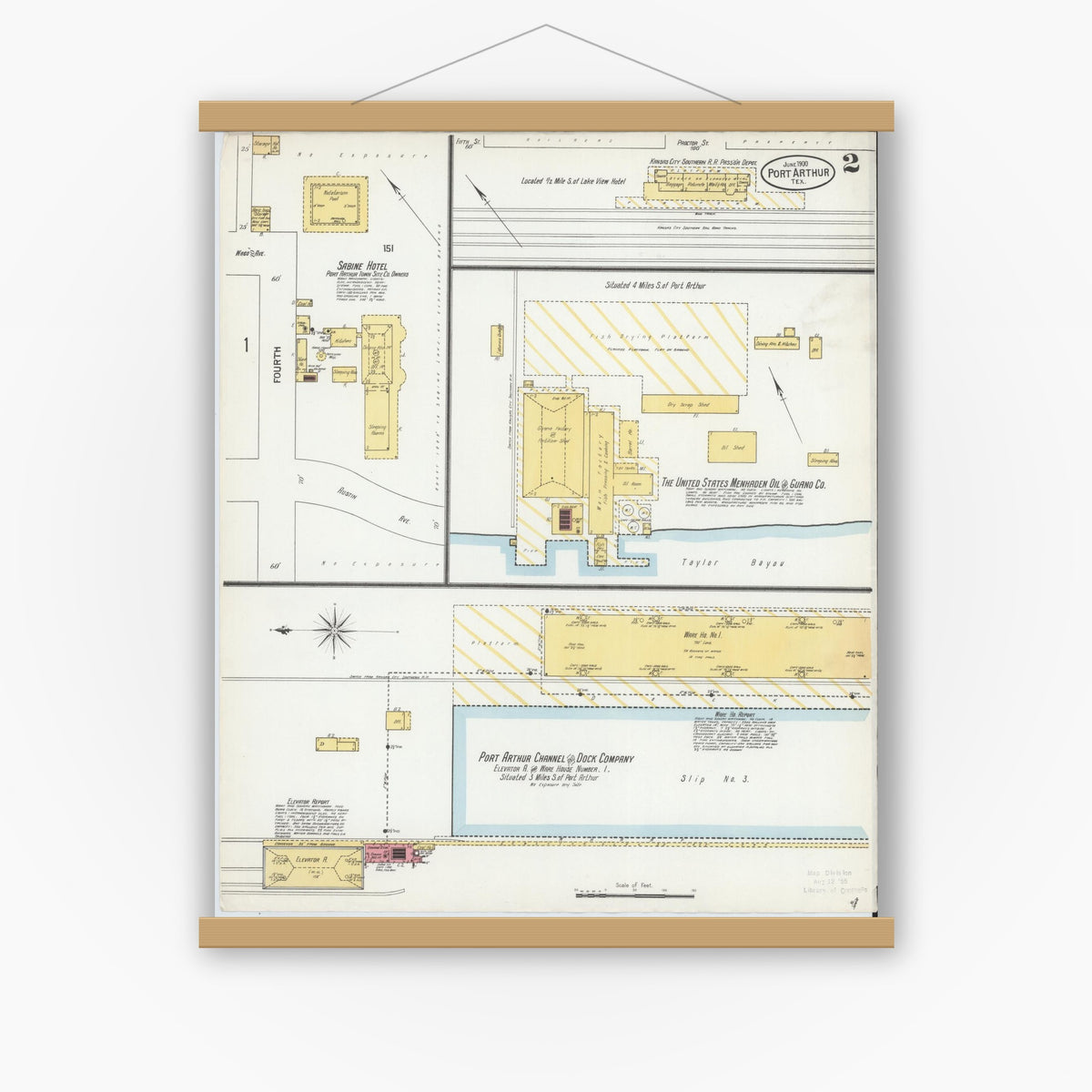 Old map wall art mockup — magnetic wood frame on white wall — Sanborn Fire Insurance Map from Port Arthur, Jefferson County, Texas (1900), Sheet #0002