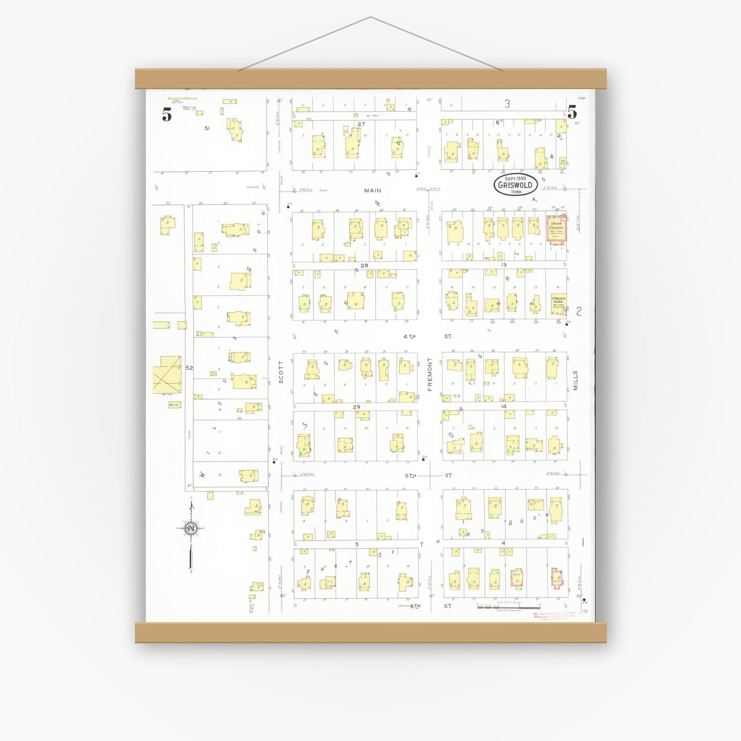 Old map wall art mockup — magnetic wood frame on white wall — Sanborn Fire Insurance Map from Griswold, Cass County, Iowa (1930), Sheet #0005