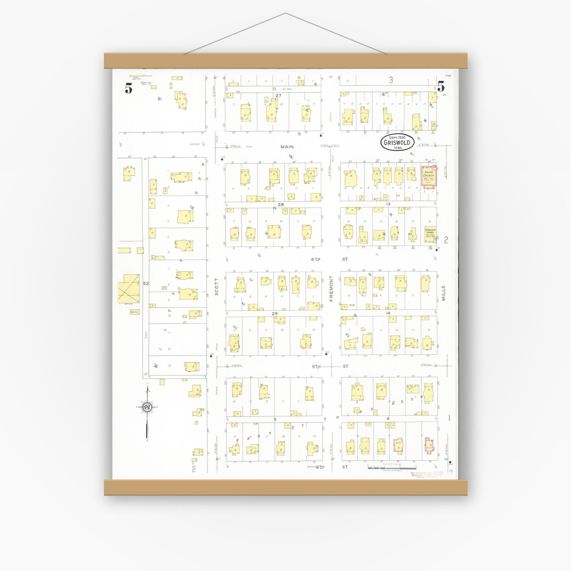 Old map wall art mockup — magnetic wood frame on white wall — Sanborn Fire Insurance Map from Griswold, Cass County, Iowa (1930), Sheet #0005