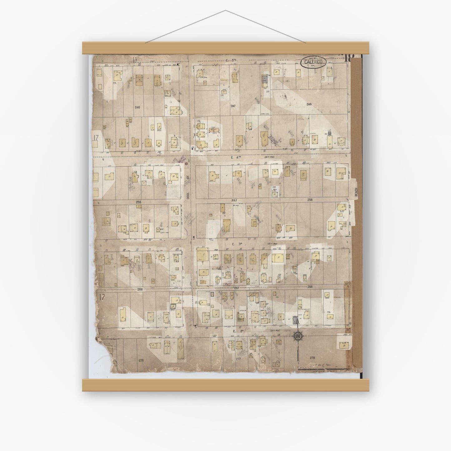 Old map wall art mockup — magnetic wood frame on white wall — Sanborn Fire Insurance Map from Calexico, Imperial County, California (1956), Sheet #0018