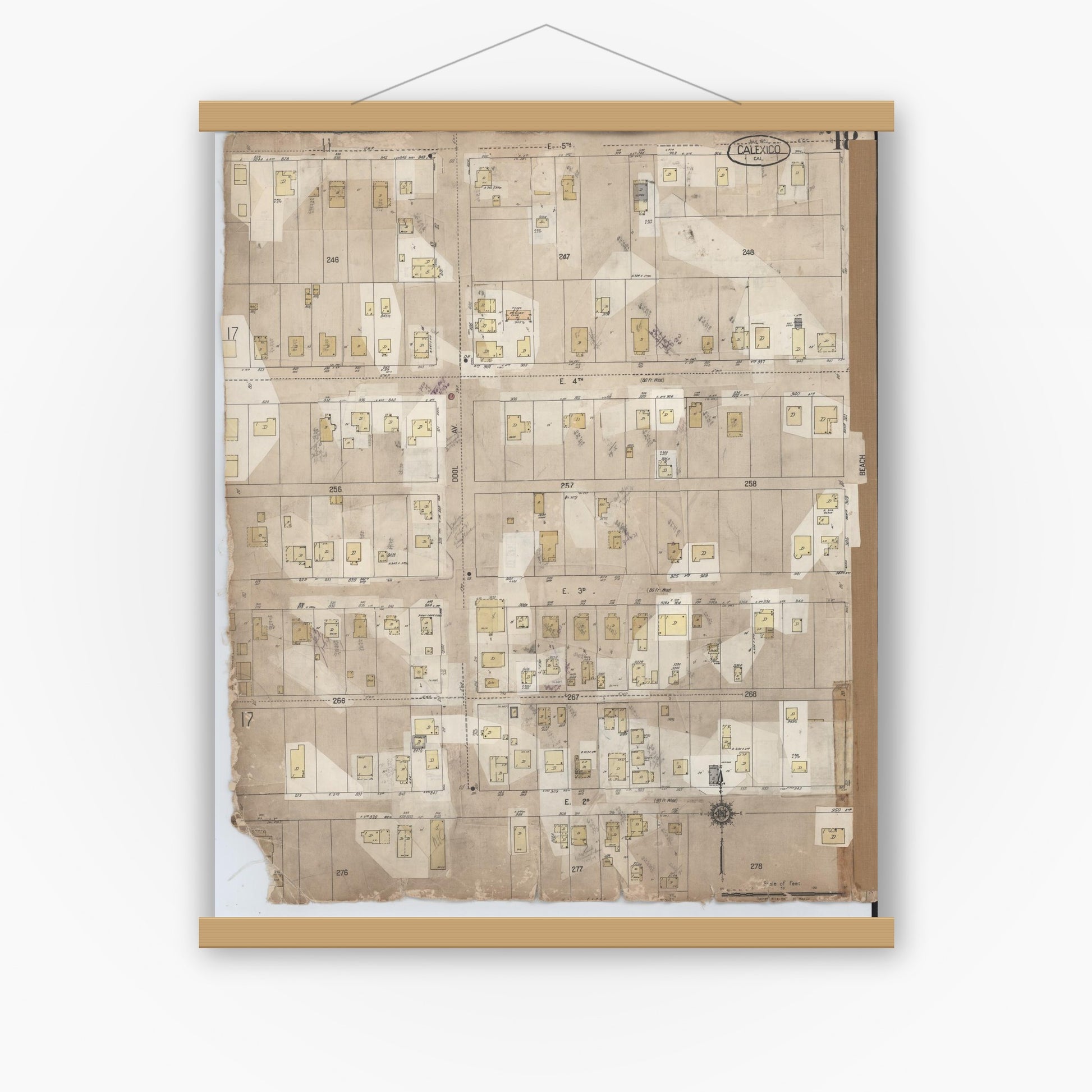 Old map wall art mockup — magnetic wood frame on white wall — Sanborn Fire Insurance Map from Calexico, Imperial County, California (1956), Sheet #0018