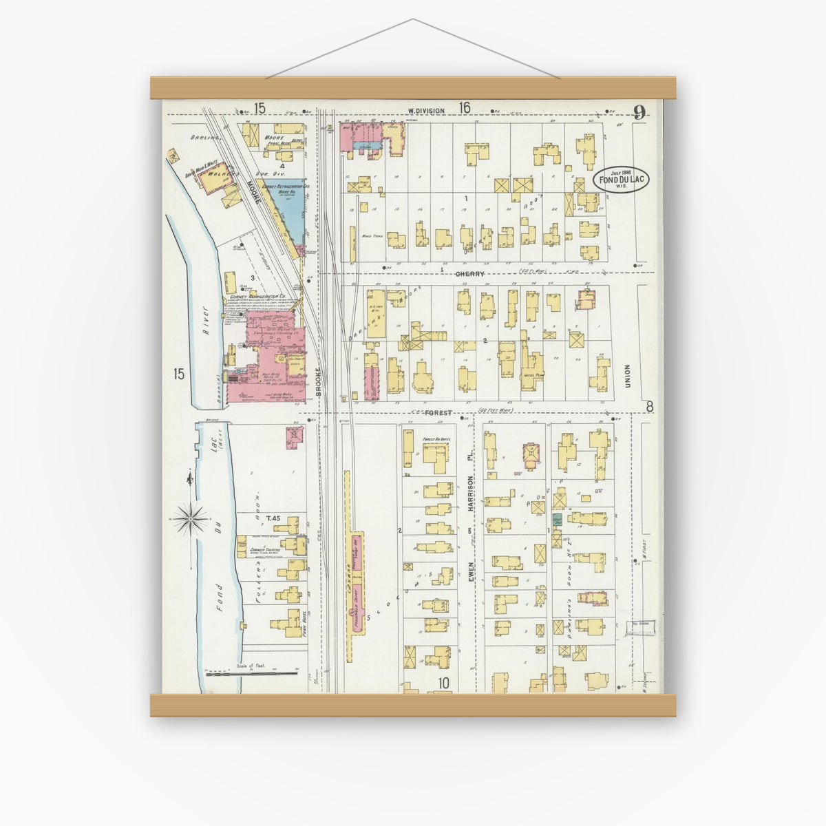 Old map wall art mockup — magnetic wood frame on white wall — Sanborn Fire Insurance Map from Fond du Lac, Fond du Lac County, Wisconsin (1898), Sheet #0009