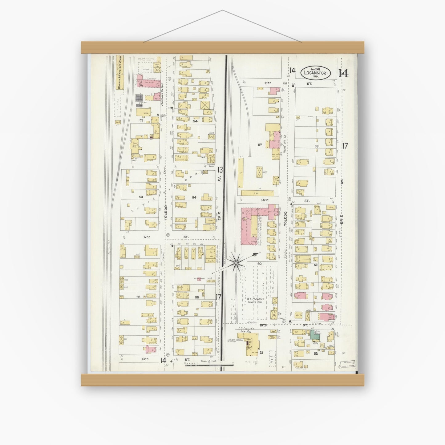 Old map wall art mockup — magnetic wood frame on white wall — Sanborn Fire Insurance Map from Logansport, Cass County, Indiana (1906), Sheet #0014