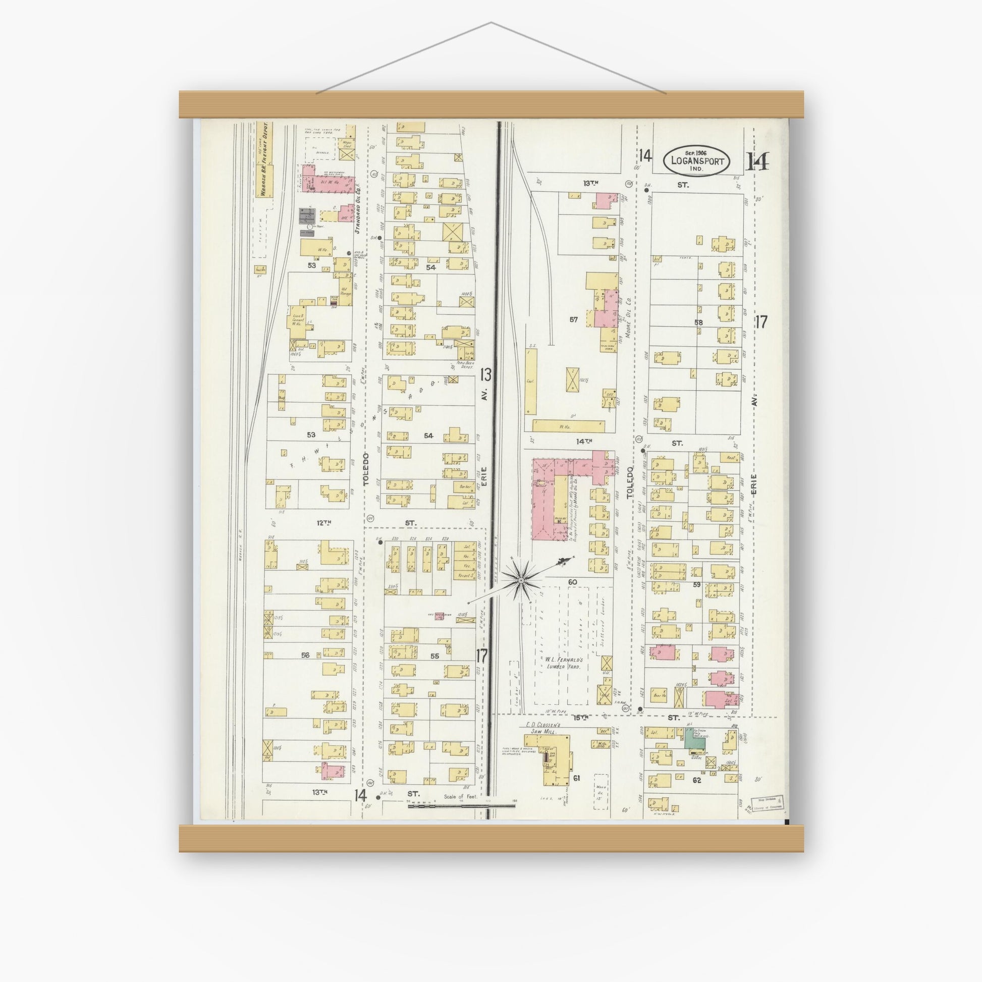 Old map wall art mockup — magnetic wood frame on white wall — Sanborn Fire Insurance Map from Logansport, Cass County, Indiana (1906), Sheet #0014