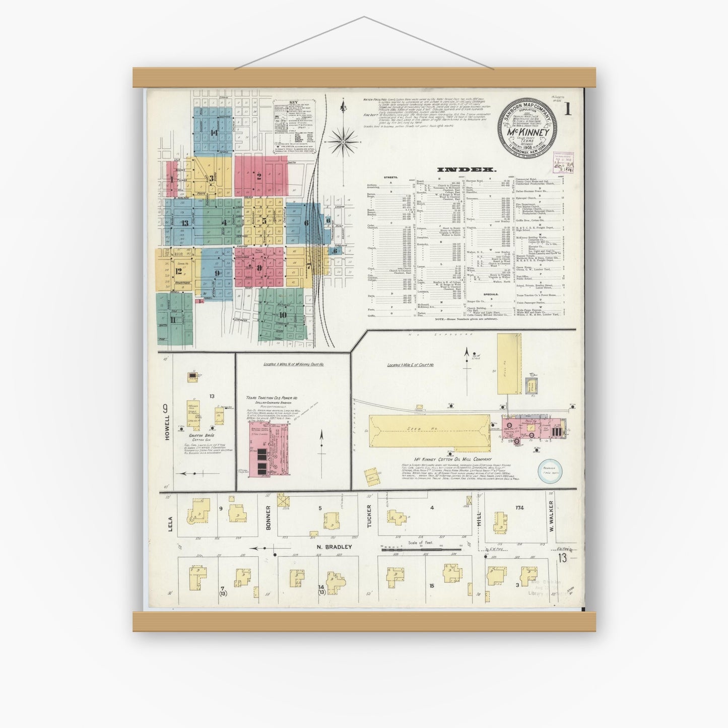 Old map wall art mockup — magnetic wood frame on white wall — Sanborn Fire Insurance Map from McKinney, Collin County, Texas (1908), Sheet #0001