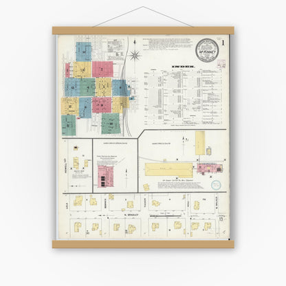 Old map wall art mockup — magnetic wood frame on white wall — Sanborn Fire Insurance Map from McKinney, Collin County, Texas (1908), Sheet #0001