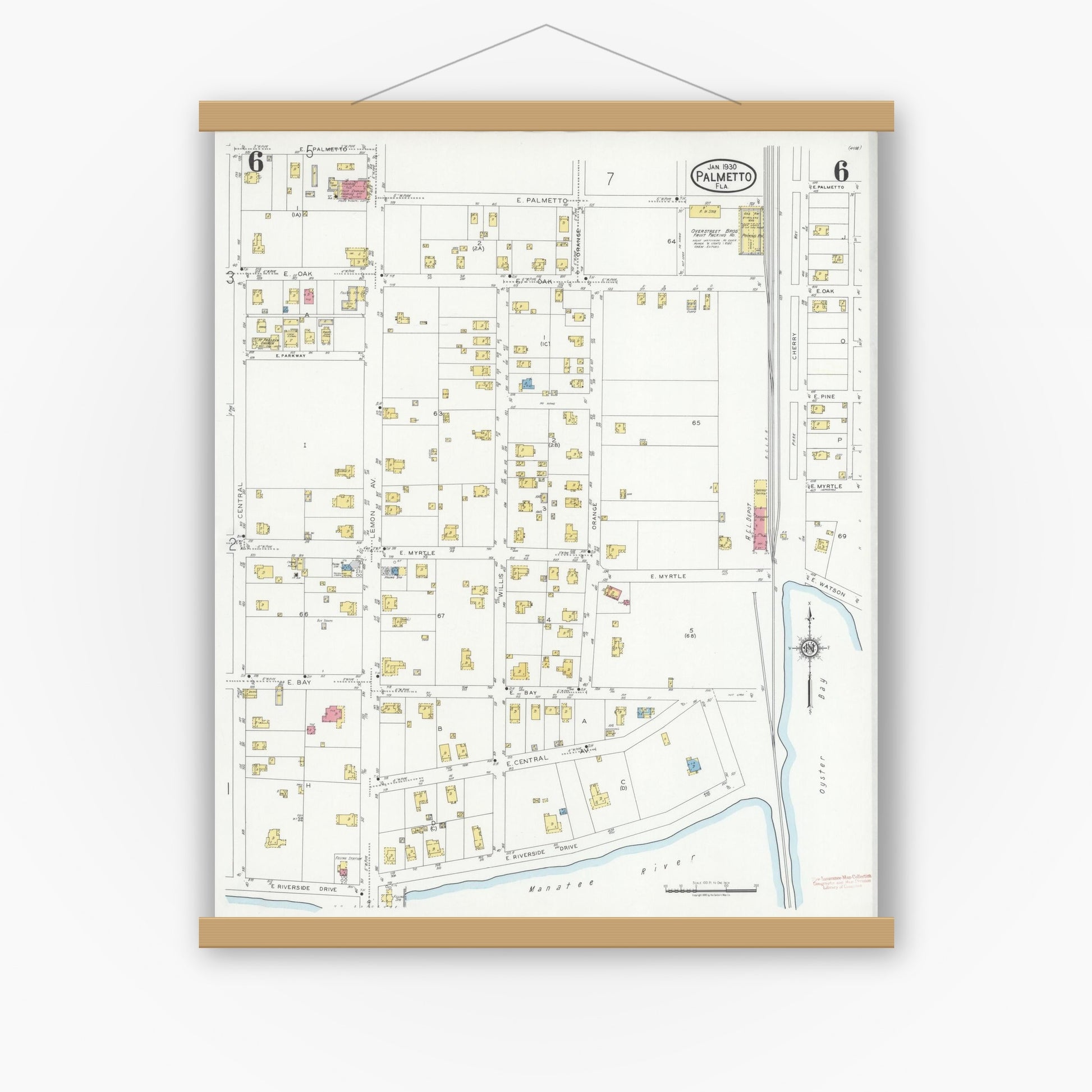 Old map wall art mockup — magnetic wood frame on white wall — Sanborn Fire Insurance Map from Palmetto, Manatee County, Florida (1930), Sheet #0006