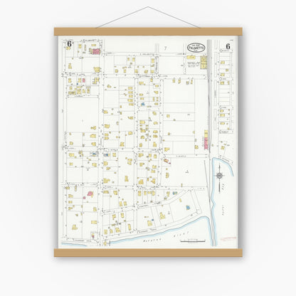 Old map wall art mockup — magnetic wood frame on white wall — Sanborn Fire Insurance Map from Palmetto, Manatee County, Florida (1930), Sheet #0006