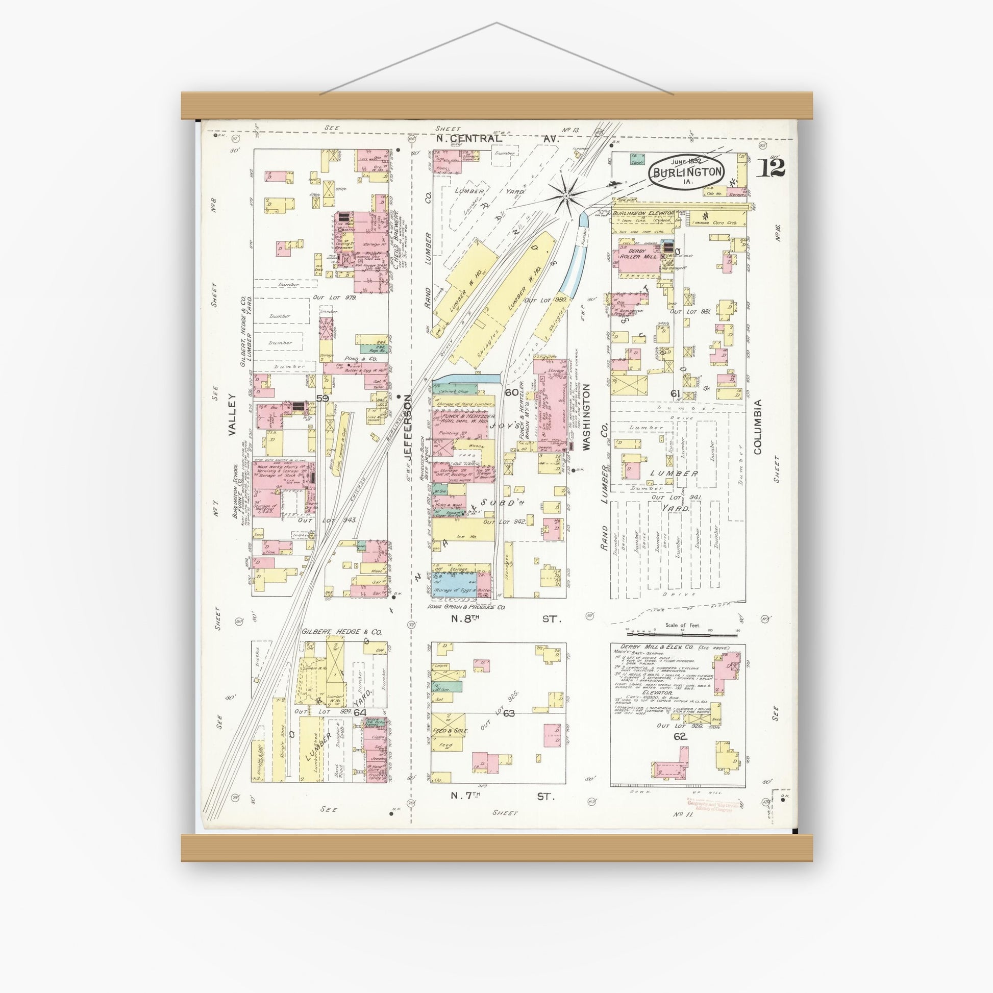 Old map wall art mockup — magnetic wood frame on white wall — Sanborn Fire Insurance Map from Burlington, Des Moines County, Iowa (1892), Sheet #0012