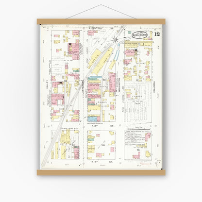 Old map wall art mockup — magnetic wood frame on white wall — Sanborn Fire Insurance Map from Burlington, Des Moines County, Iowa (1892), Sheet #0012