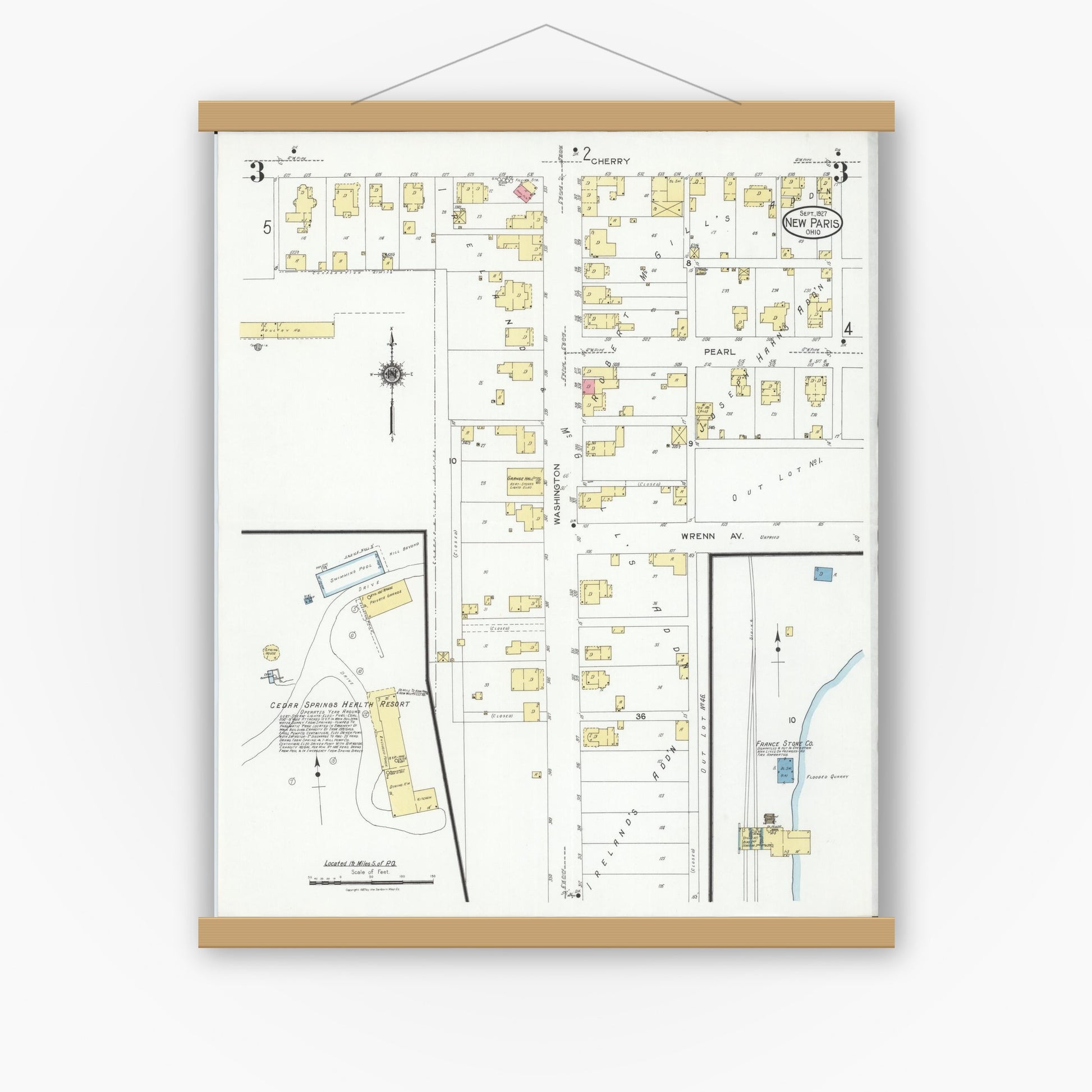 Old map wall art mockup — magnetic wood frame on white wall — Sanborn Fire Insurance Map from New Paris, Preble County, Ohio (1927), Sheet #0003