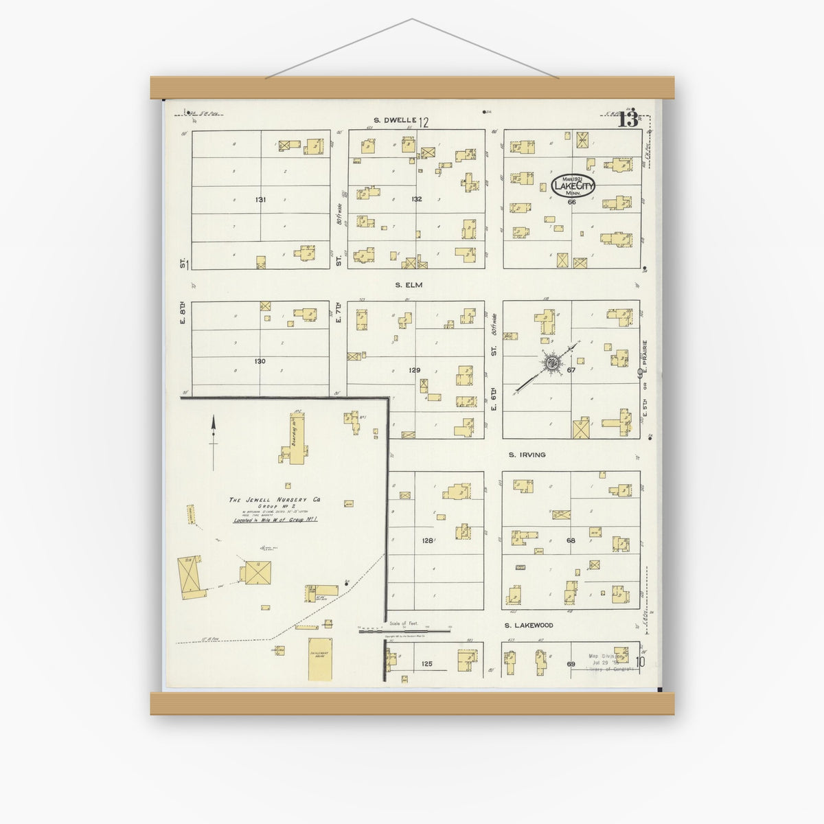 Old map wall art mockup — magnetic wood frame on white wall — Sanborn Fire Insurance Map from Lake City, Wabasha County, Minnesota (1921), Sheet #0013