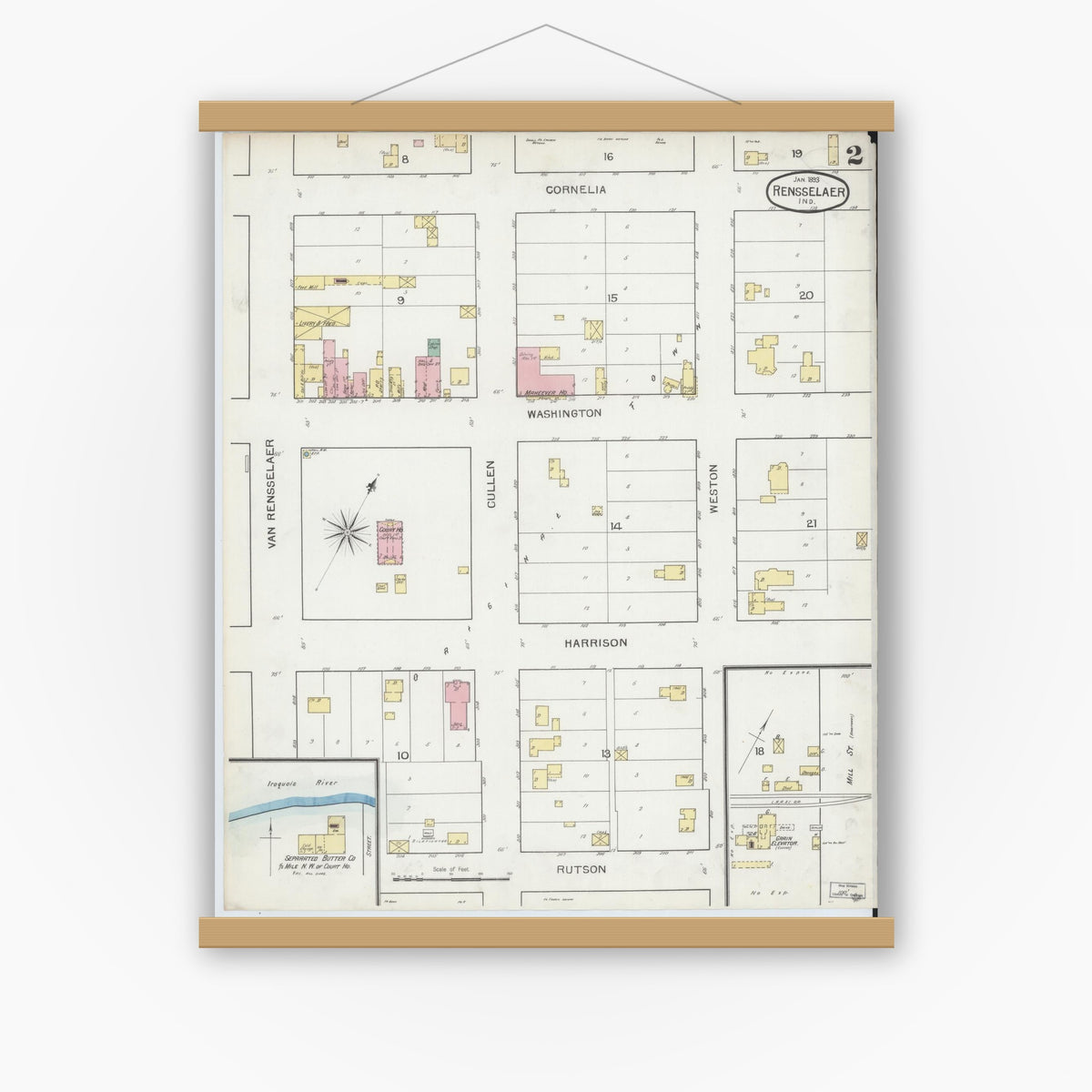 Old map wall art mockup — magnetic wood frame on white wall — Sanborn Fire Insurance Map from Rensselaer, Jasper County, Indiana (1893), Sheet #0002