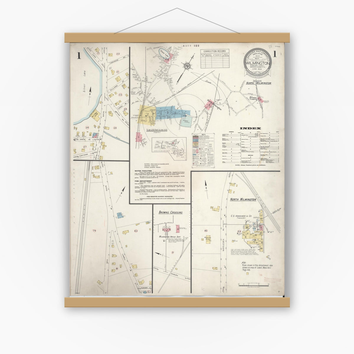 Old map wall art mockup — magnetic wood frame on white wall — Sanborn Fire Insurance Map from Wilmington, Middlesex County, Massachusetts (1933) - Complete Map Set