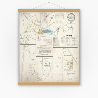 Old map wall art mockup — magnetic wood frame on white wall — Sanborn Fire Insurance Map from Wilmington, Middlesex County, Massachusetts (1933) - Complete Map Set