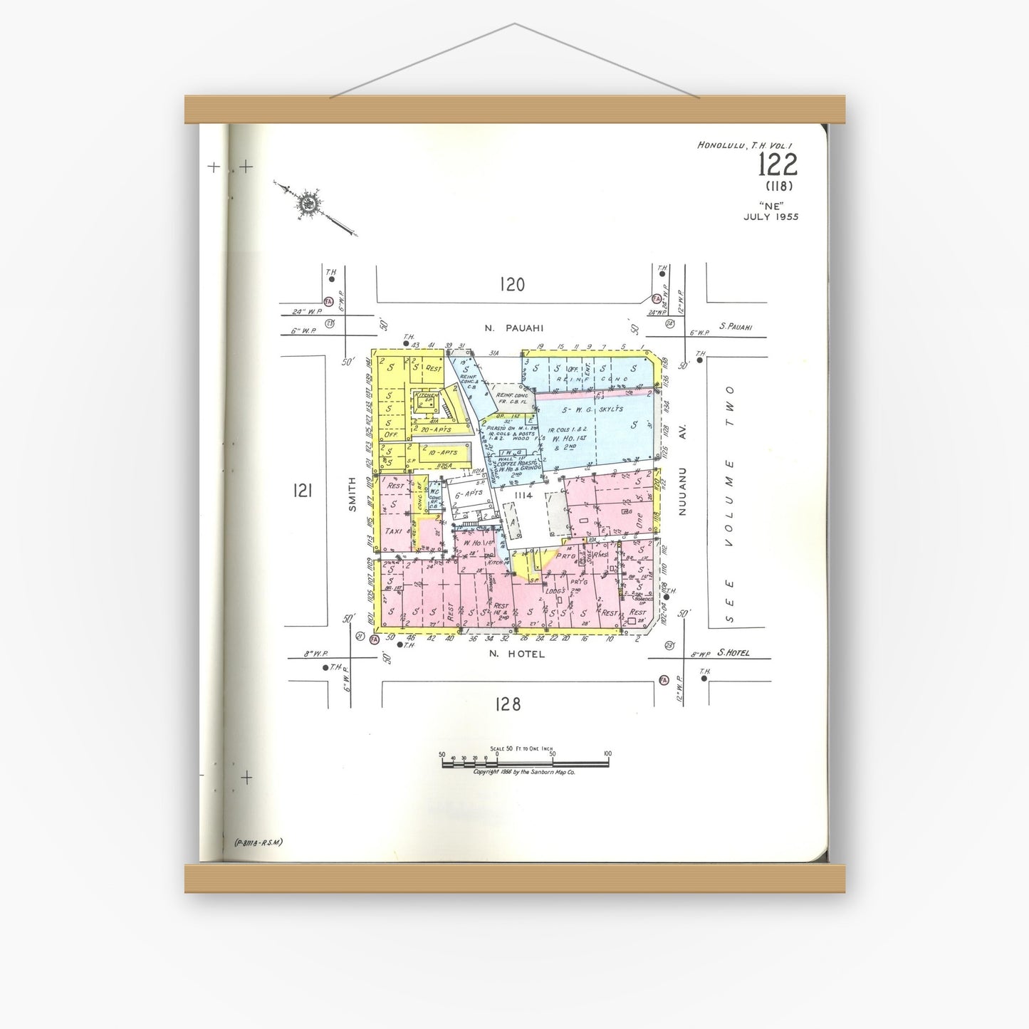 Old map wall art mockup — magnetic wood frame on white wall — Sanborn Fire Insurance Map from Honolulu, Oahu County, Hawaii (1955), Sheet #0122