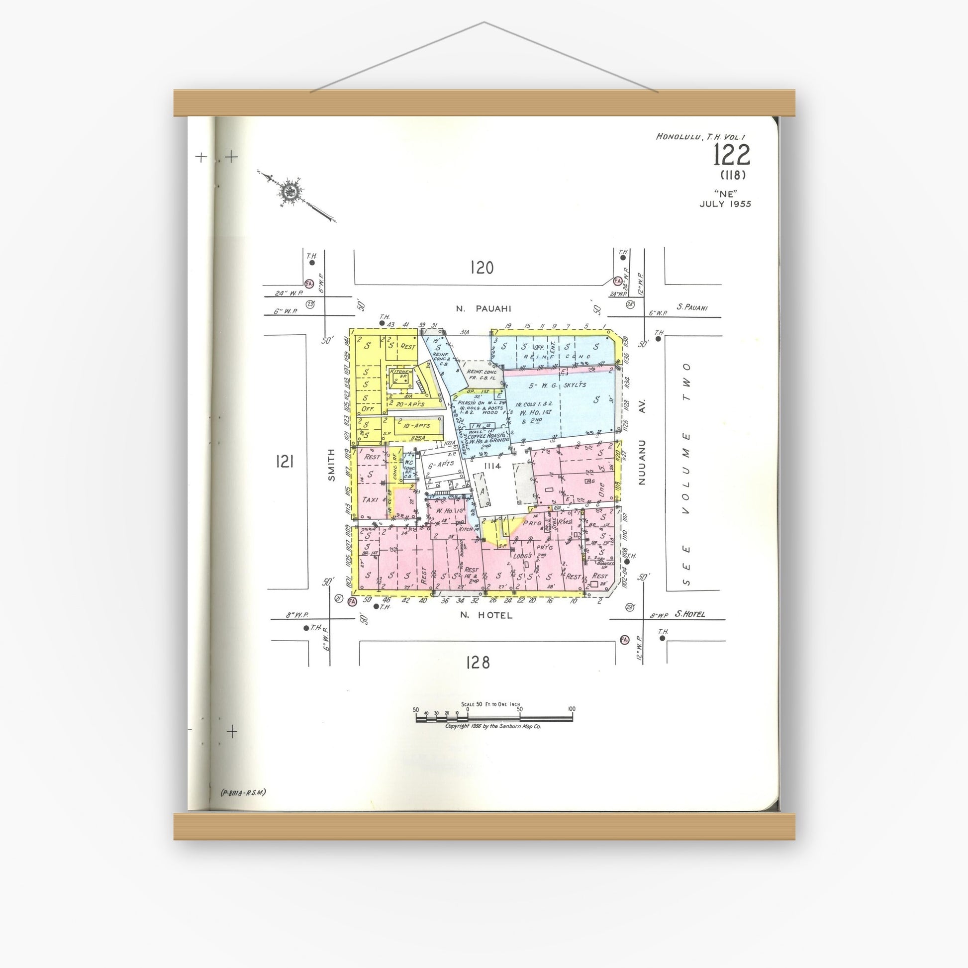 Old map wall art mockup — magnetic wood frame on white wall — Sanborn Fire Insurance Map from Honolulu, Oahu County, Hawaii (1955), Sheet #0122