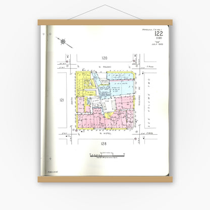 Old map wall art mockup — magnetic wood frame on white wall — Sanborn Fire Insurance Map from Honolulu, Oahu County, Hawaii (1955), Sheet #0122