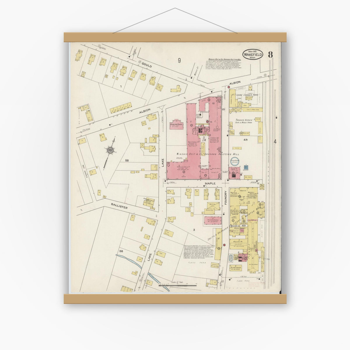 Old map wall art mockup — magnetic wood frame on white wall — Sanborn Fire Insurance Map from Wakefield, Middlesex County, Massachusetts (1915), Sheet #0008