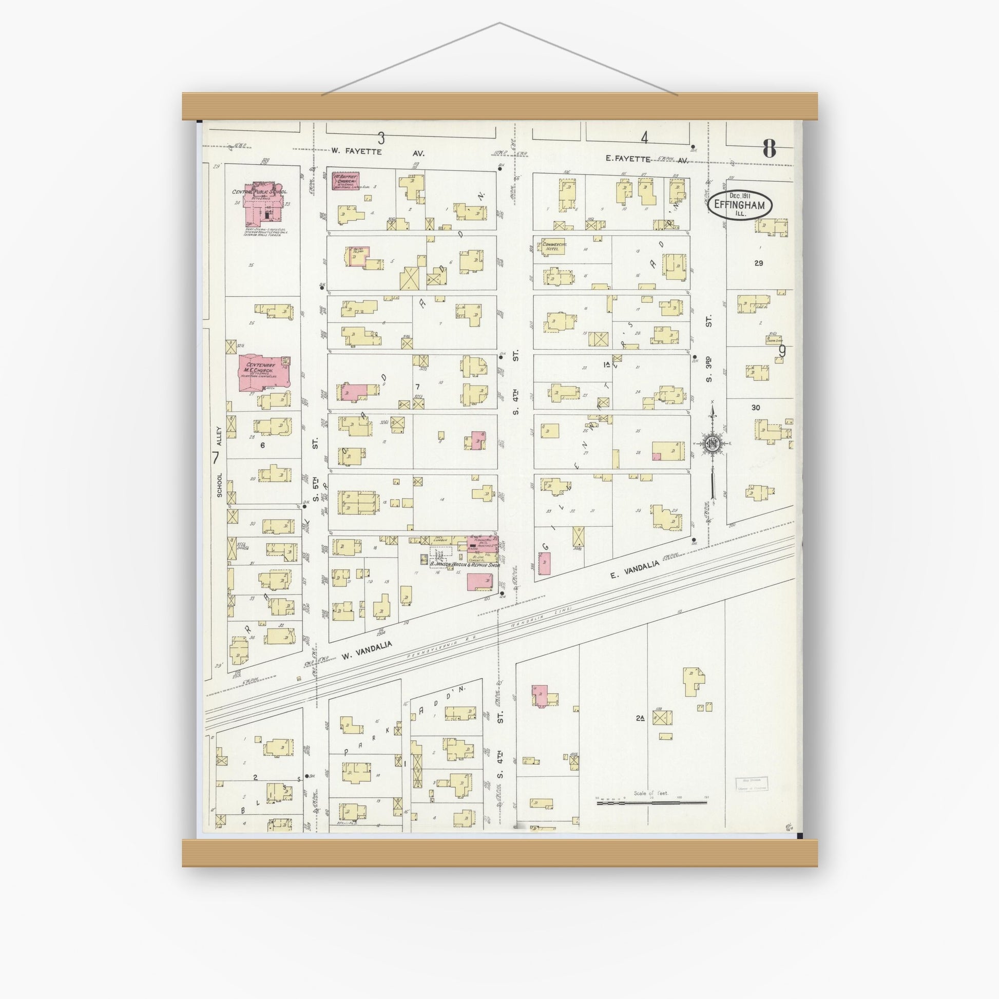 Old map wall art mockup — magnetic wood frame on white wall — Sanborn Fire Insurance Map from Effingham, Effingham County, Illinois (1911), Sheet #0008