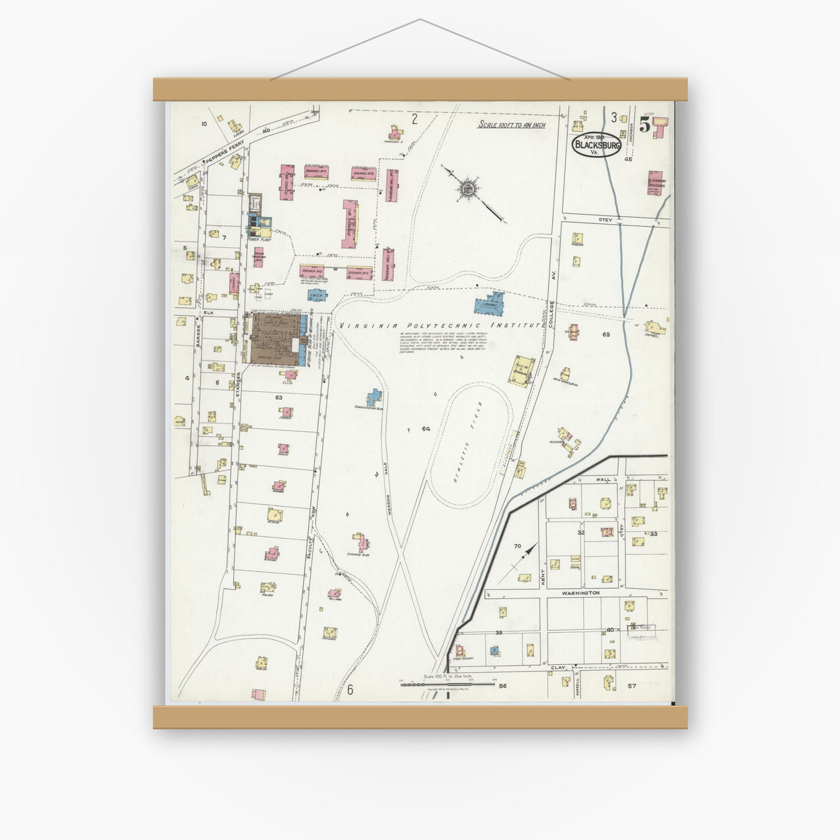 Old map wall art mockup — magnetic wood frame on white wall — Sanborn Fire Insurance Map from Blacksburg, Montgomery County, Virginia (1921), Sheet #0005