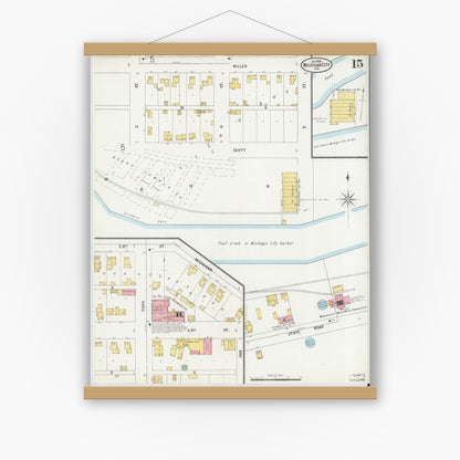 Old map wall art mockup — magnetic wood frame on white wall — Sanborn Fire Insurance Map from Michigan City, La Porte County, Indiana (1899), Sheet #0015
